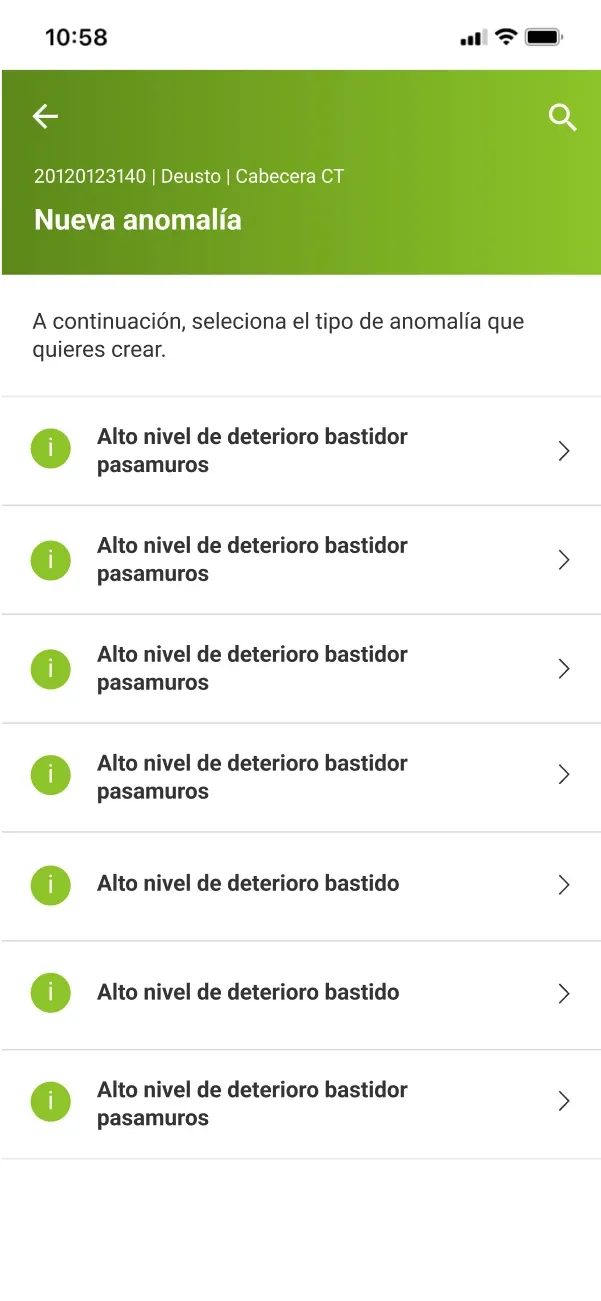 Pantalla de listado de anomalías de la app
