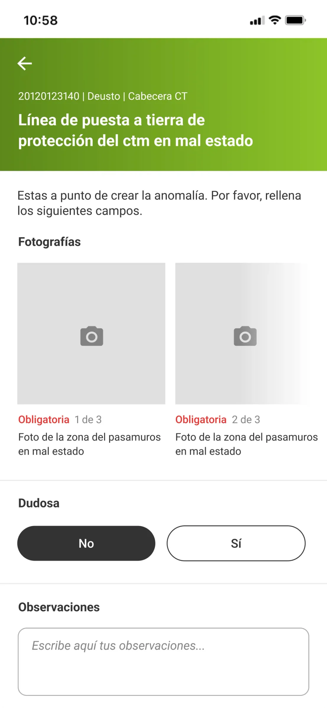 Pantalla de monitorización de anomalía de la app
