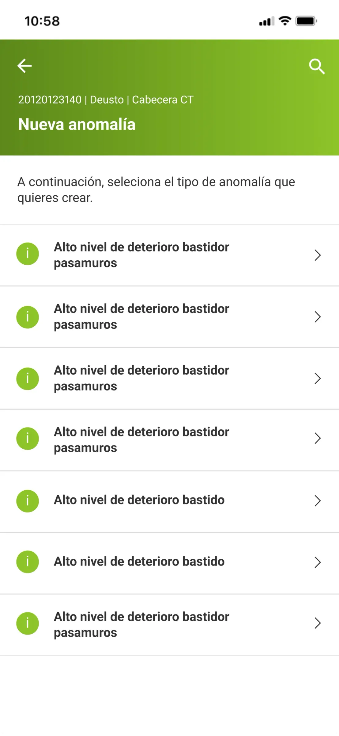 Pantalla de listado de anomalías de la app