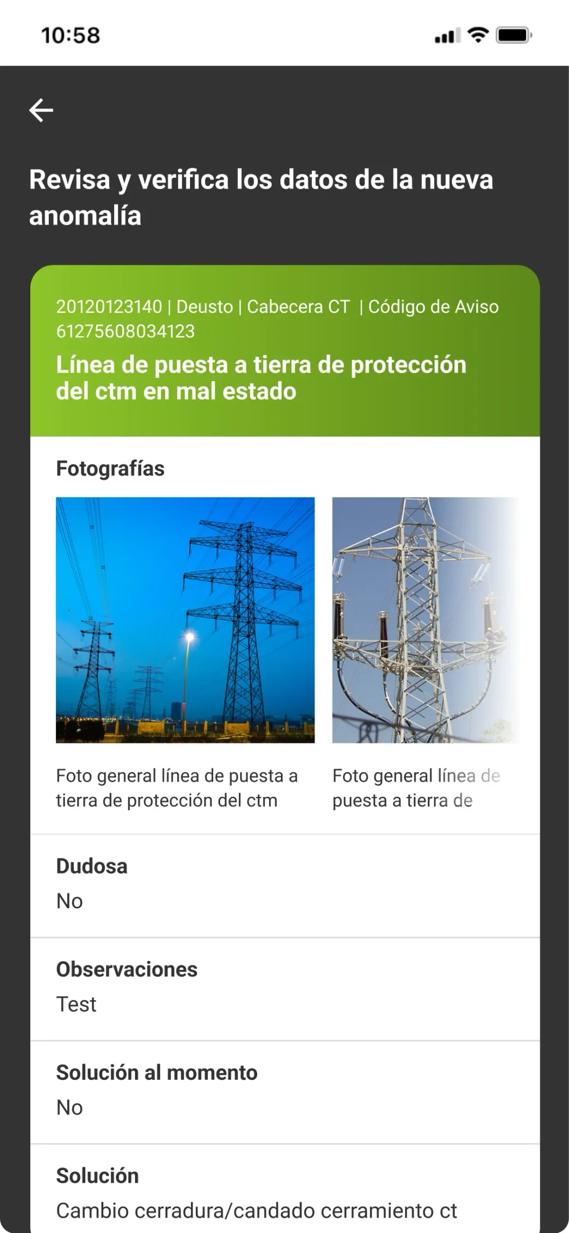 Ficha de anomalía en la app