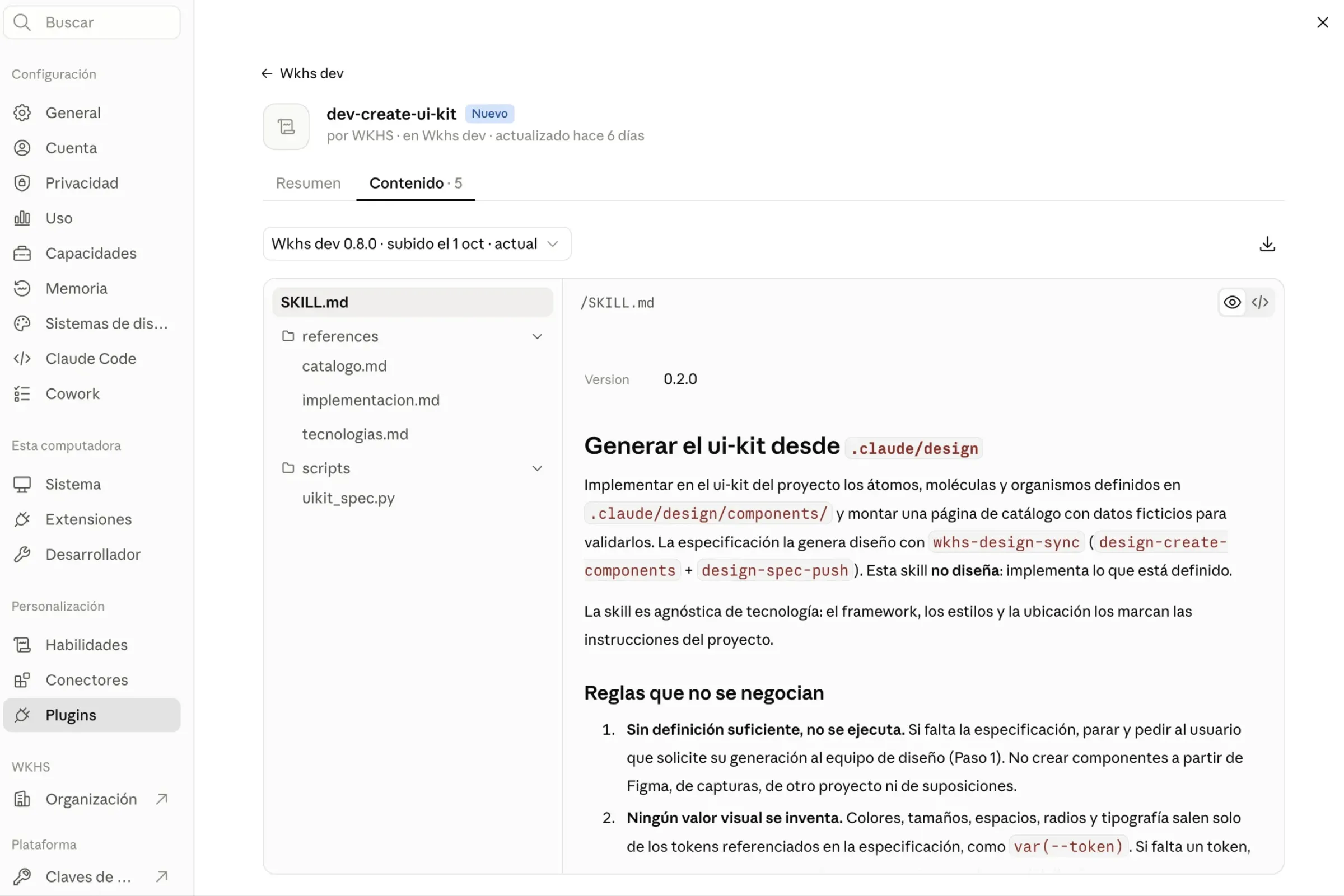Ficha de la skill dev-create-ui-kit del plugin wkhs-dev en los ajustes de Claude, con su SKILL.md y referencias.