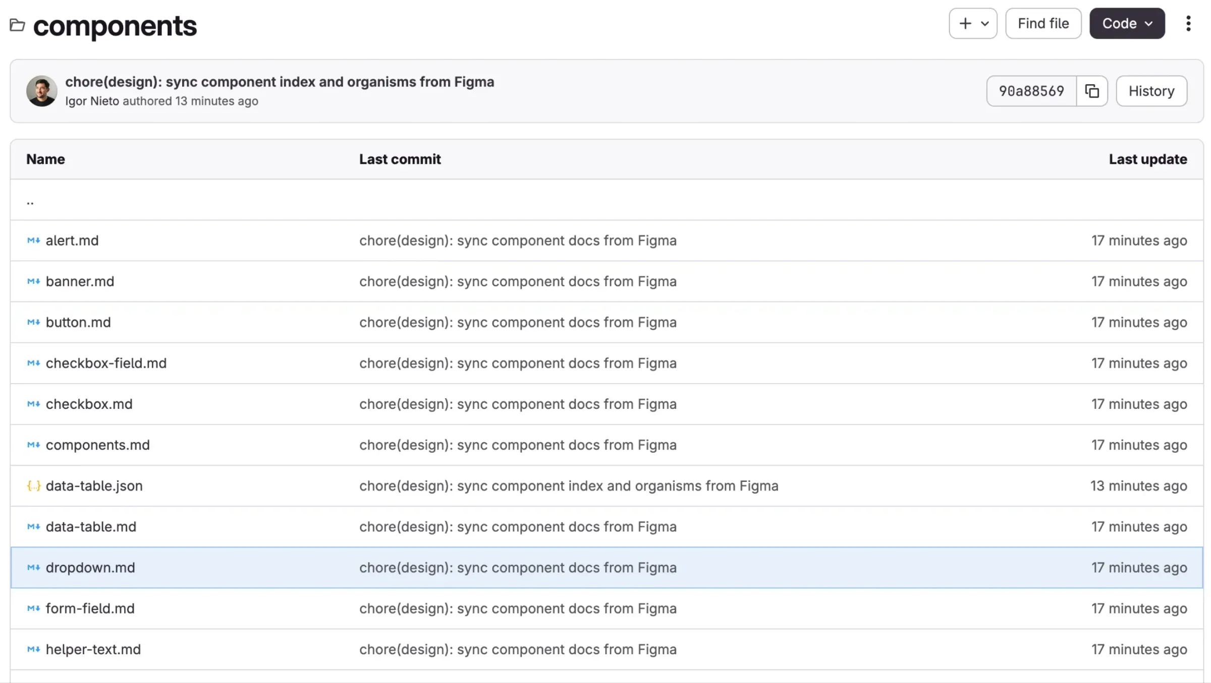 Repositorio en GitLab con la carpeta de componentes de la especificación de diseño sincronizada desde Figma.